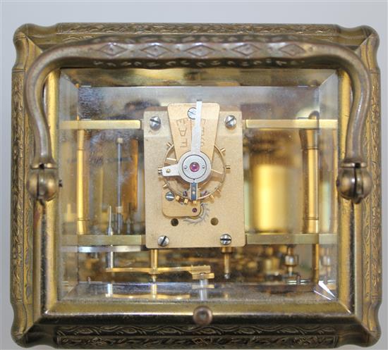 Margaine. A 19th century French engraved brass hour repeating carriage clock, 6in.